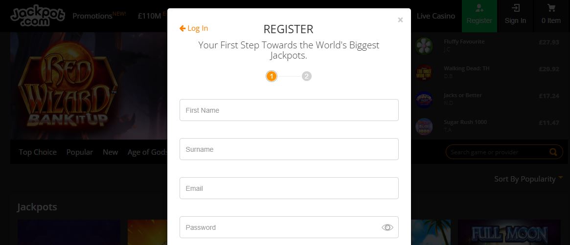 Register new Jackpot account by entering personal details